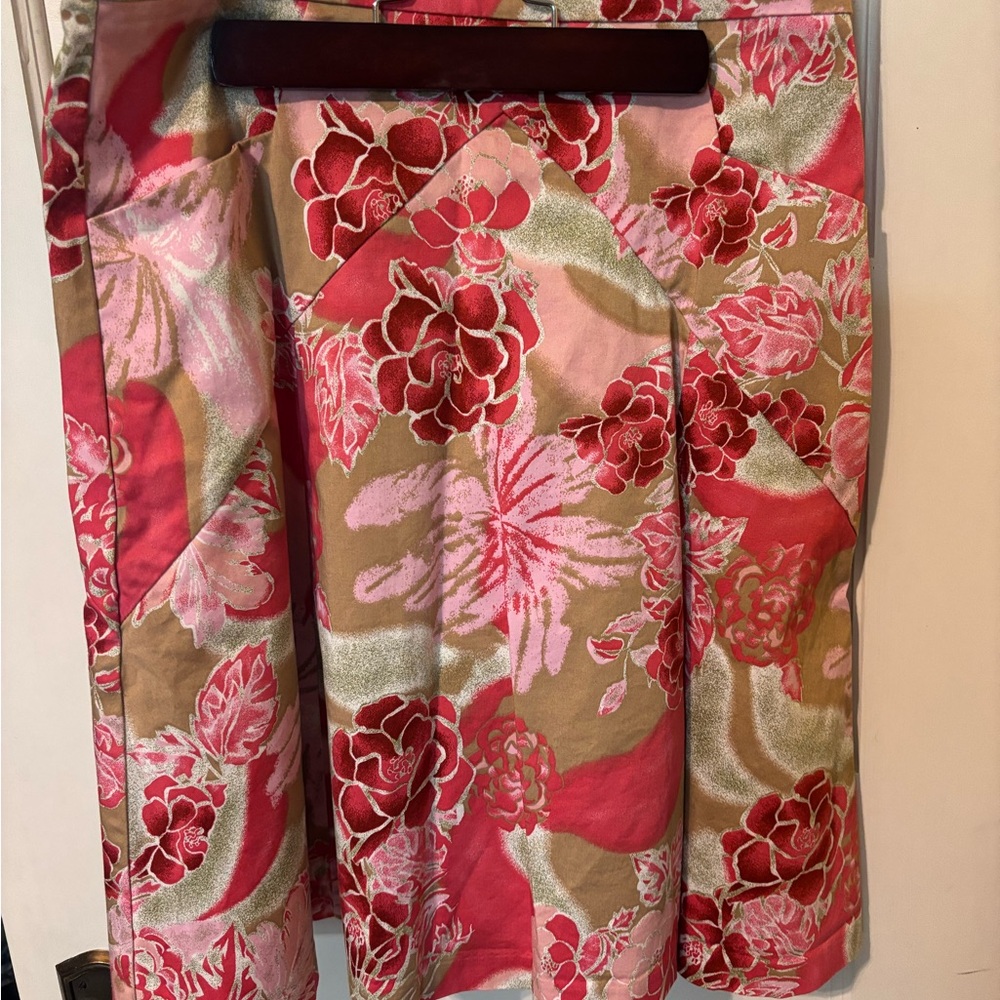 Express Pink and Tan Floral A-Line Skirt